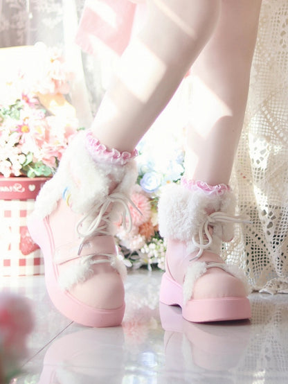 Sweet Lolita Pink Platform Ankle Boots - Plush Bunny Ears with Dual Lace & Velcro Design