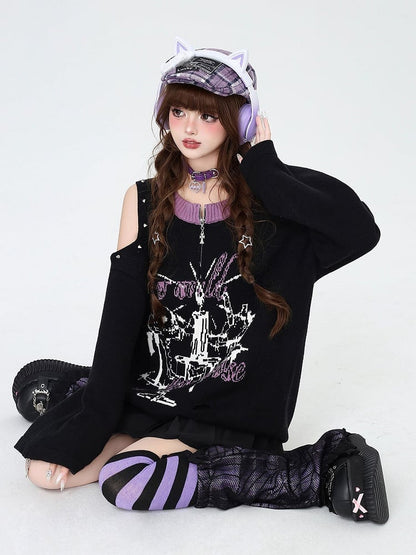 Black Punk Cutout Shoulder Distressed Sweater with Studs