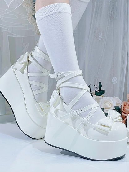 White Bowknot Buckle Straps Round Toe Platform Lolita Shoes