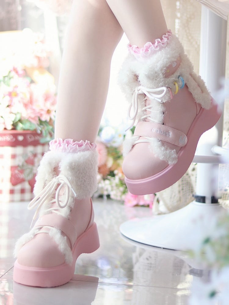 Sweet Lolita Pink Platform Ankle Boots - Plush Bunny Ears with Dual Lace & Velcro Design