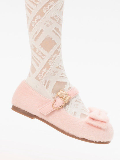 Plush Sweet Pink Flat Shoes for Lolita with Decorative Bow & Hugging Bear Clasps - Regular/Thicken Version