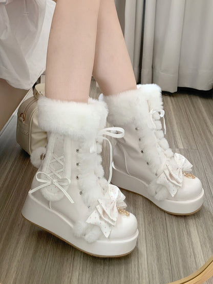 Sweet Lolita White Platform Boots - Plush Bunny Ears & Tail with Polka Dot Bow & Lace-up Closure