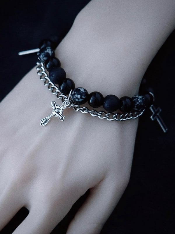 Handmade Cross Charm Gothic Black Beaded Bracelet with Chains