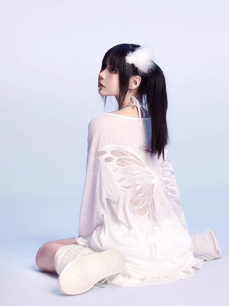 Butterfly-shaped Cutout White Asymmetrical Neckline Semi-sheer Coverup