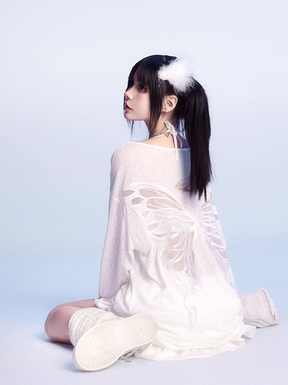 Butterfly-shaped Cutout White Asymmetrical Neckline Semi-sheer Coverup