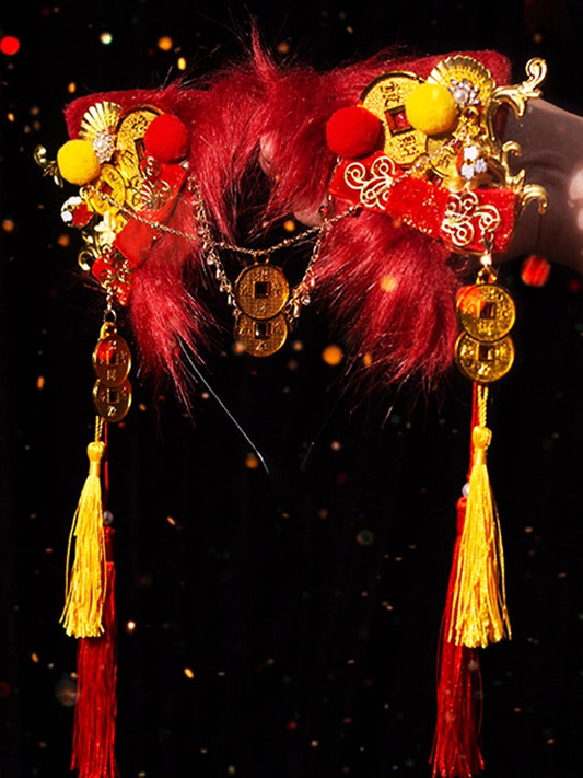 Red Cheongsam Style Tassel Charm Bowknot Details Cat Ear KC