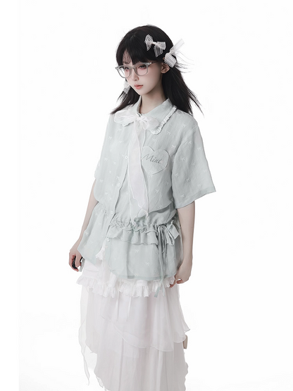 Light Green Drawstring Waist Allover Bowknot Embroidery Short Sleeves Shirt