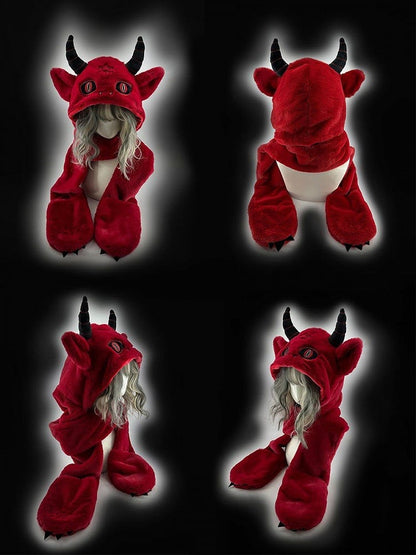 Red Devil Gothic Winter Plush Hat with Scarf Gloves