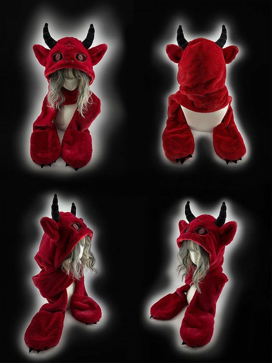 Red Devil Gothic Winter Plush Hat with Scarf Gloves