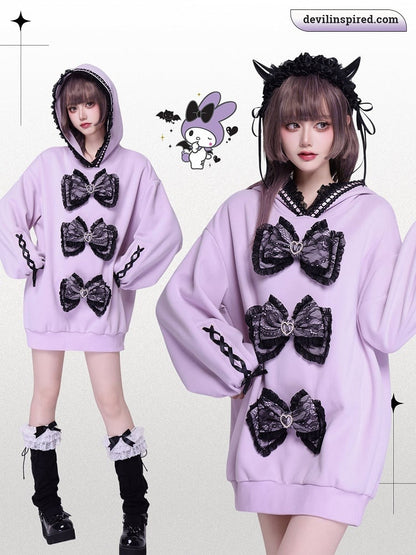 Purple Jirai Kei Lace Bows Decorated Landmine Style Hoodie