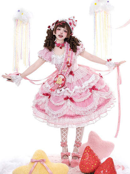 Clearance-Size XXL for Bust 100CM Pink Strawberry Cake Short Puff Sleeves Sweet Lolita Birthday Dress