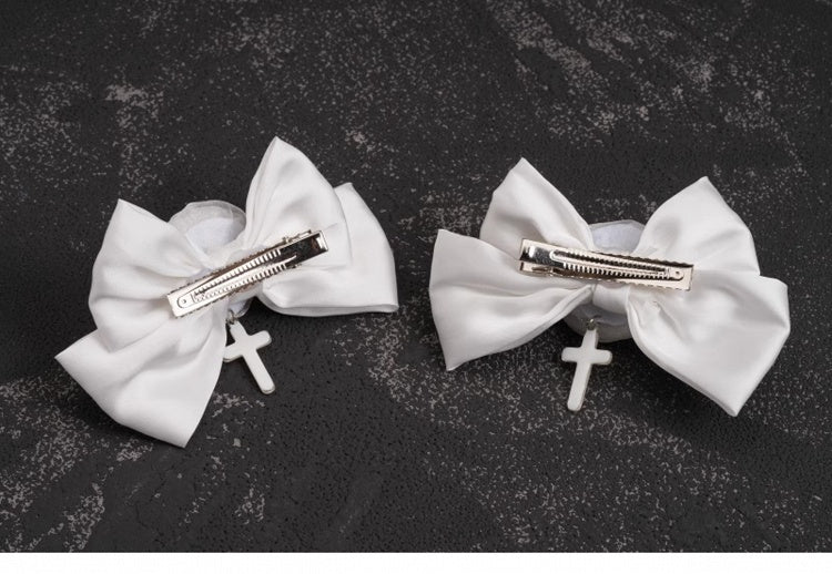 Cross Charm Gothic White Rose Bowknot Hairclips