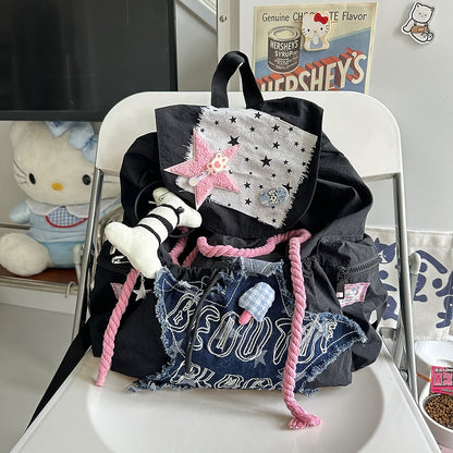 Y2K Preppy Black & Pink Drawstring Backpack with Frayed Star Applique