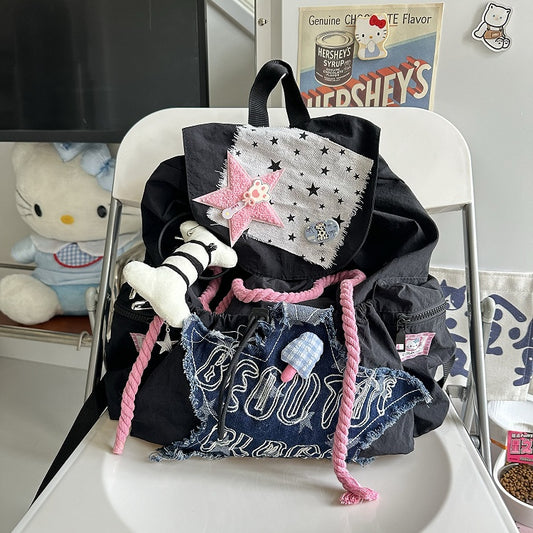 Y2K Preppy Black & Pink Drawstring Backpack with Frayed Star Applique