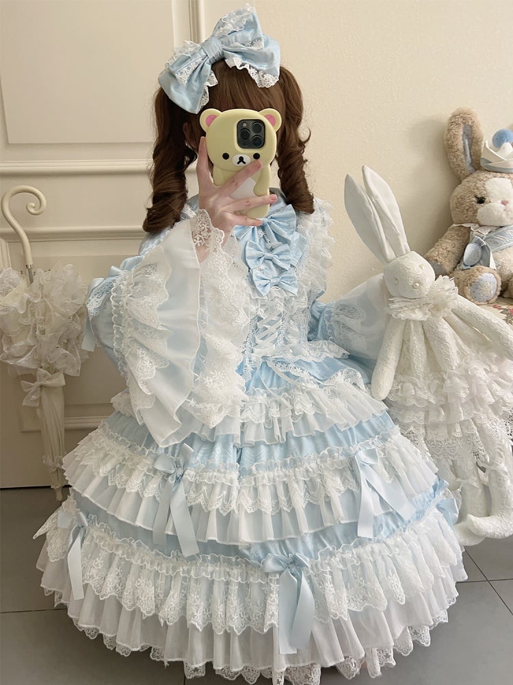 Blue Tiered Ruffle Skirt Bows Decorated Long Bell Sleeves Lolita Dress