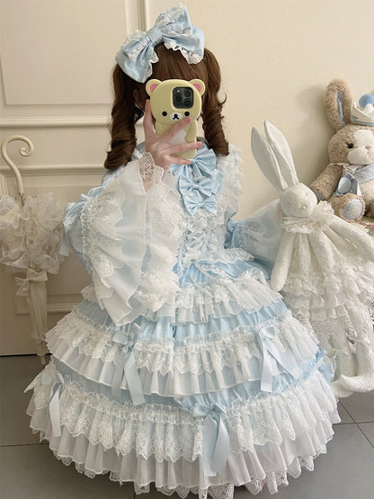 Blue Tiered Ruffle Skirt Bows Decorated Long Bell Sleeves Lolita Dress