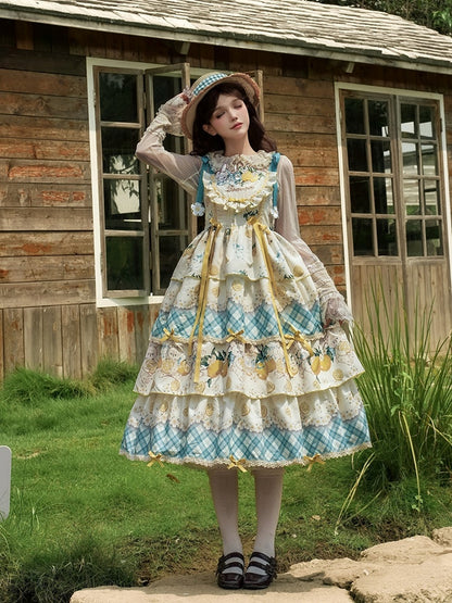 Blue & Yellow Lemon and Rabbit Print Country Lolita Dress with Plaid Pattern and Ruffled Layers