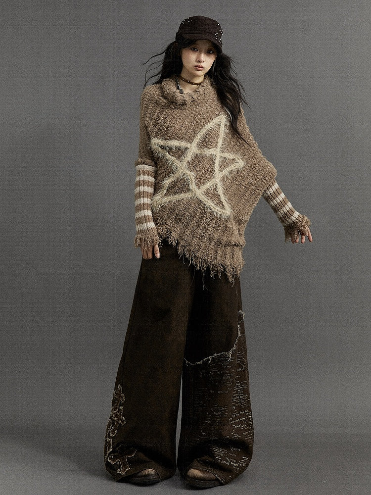 Brown Vintage Punk Batwing Sleeves Loose Five-pointed Star Sweater