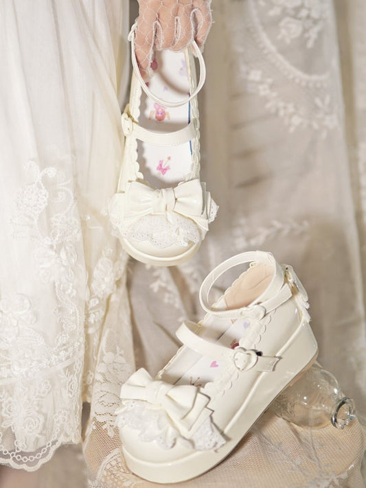 Milky White Bow at Top Lace Trim Heart Buckles Platforms