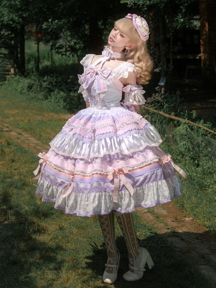 Purple Taro Paste Cake Bow Accents Tiered Skirt Sweet Lolita Dress
