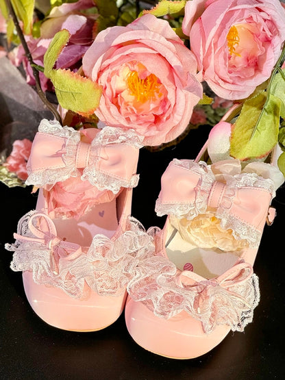 Pink Bowknot Details Lace Trim Round Toe Lolita Shoes