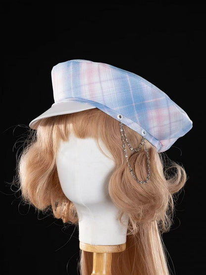 Pink / Gold / Blue Plaid Pattern Beret