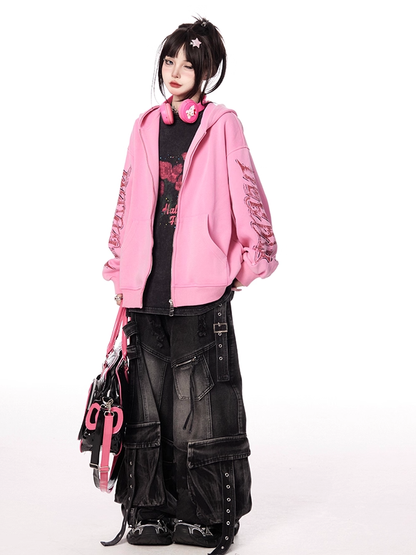 Pink Letter Print Sleeves Zip-up Hoodie for Autumn