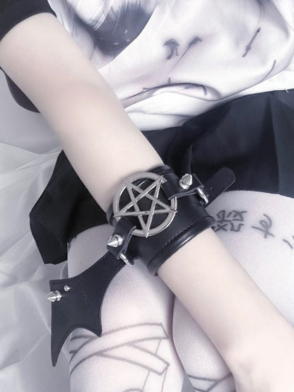 Black Pentagram Bat Wing Stud Punk Bracelet