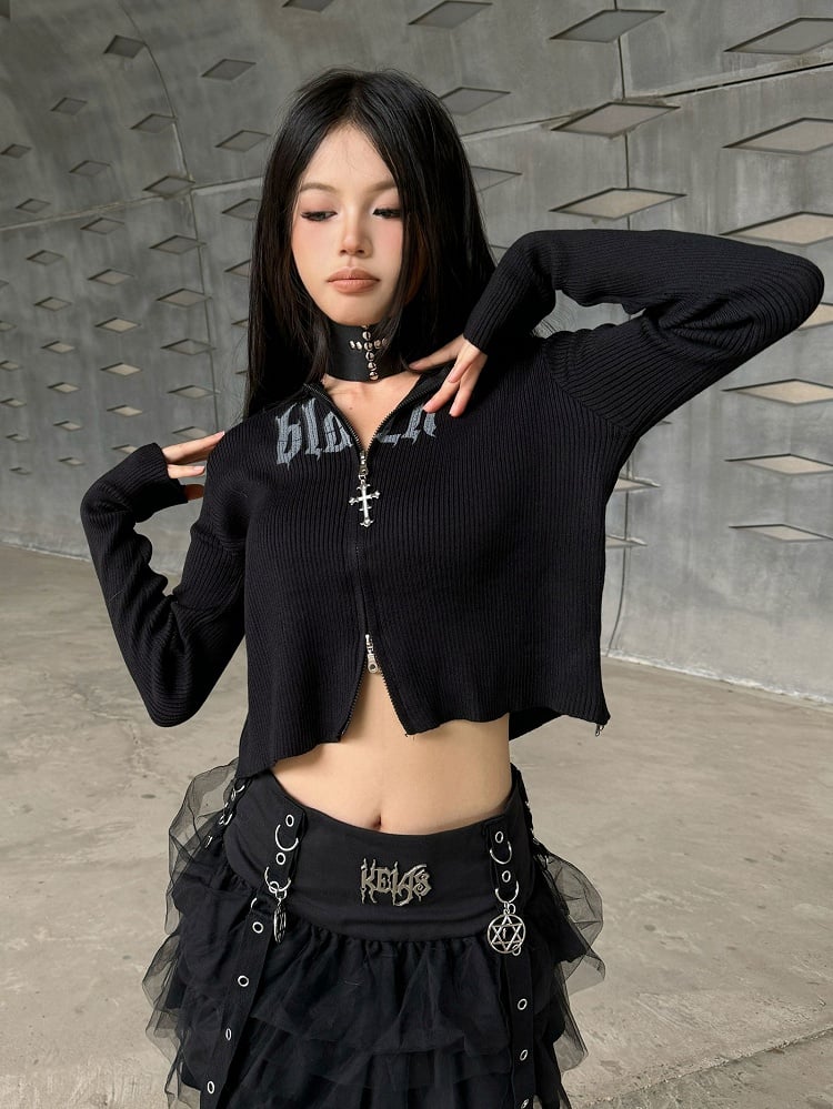 Black Punk Rock Zip Closure Knit Hooded Top