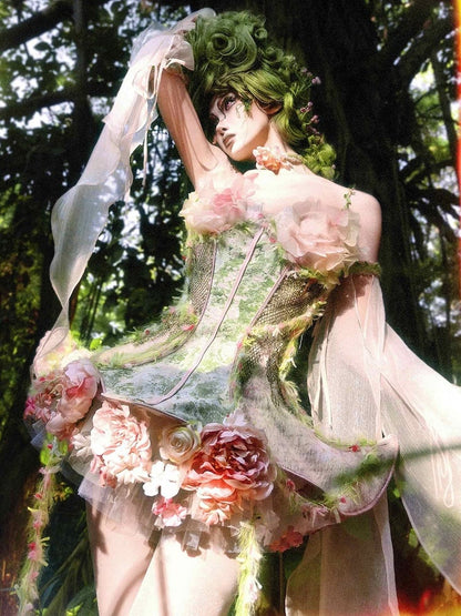 Pink and Green Floral Design Fairy Goth Vine Spaghetti Straps Boned Corset Top