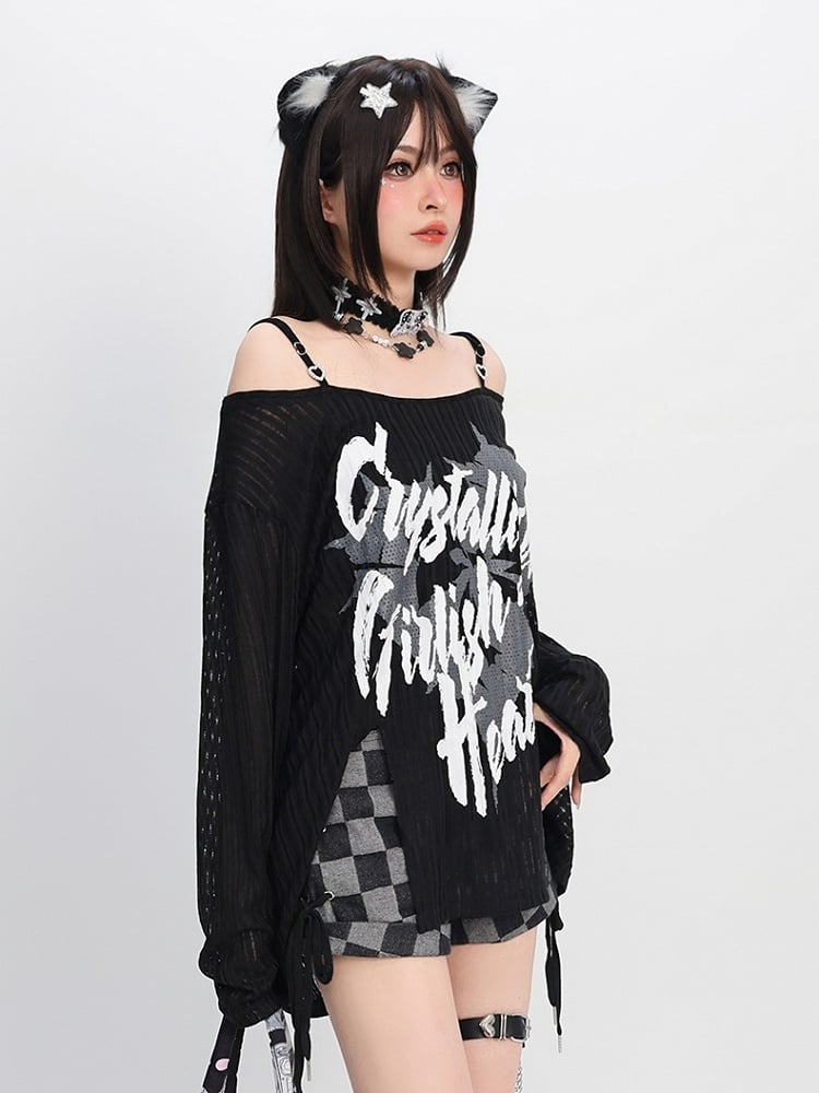 Y2K Off-the-shoulder Neckline Slit Hem Black/White Graphic Coverup