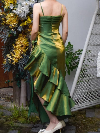 Grass Green Vintage Floral Dress Asymmetrical Hem Prom Gown