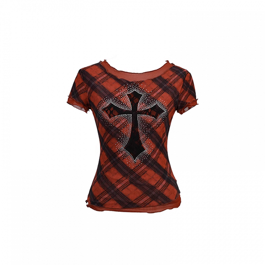 Y2K Red Plaid Pattern Rhinestone Embellished Cross Punk Glamorous Mesh T-Shirt