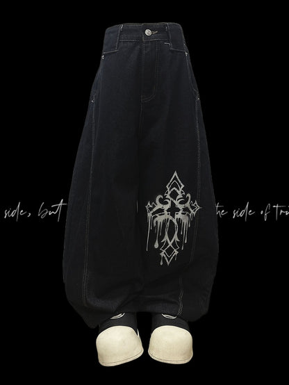 Dark Blue Cross Print Loose Wide-leg Jeans