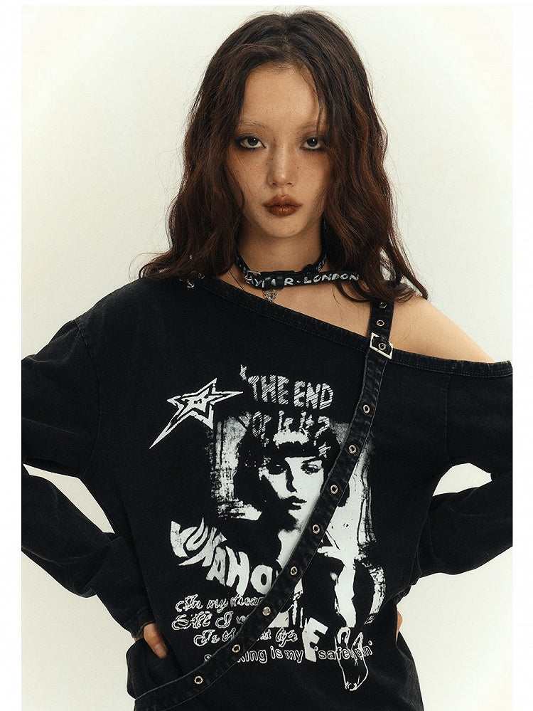 Punk Y2K Black Asymmetrical Cutout Shoulder Top