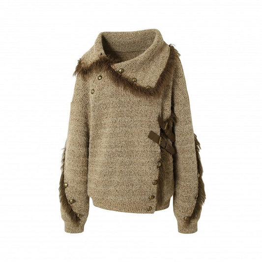 Light Coffee Plush Trim Knitted Sweater with Buckle & Studs Design