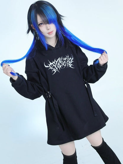 Black Jirai Kei Embroidery Decorated Buckle Details Hoodie