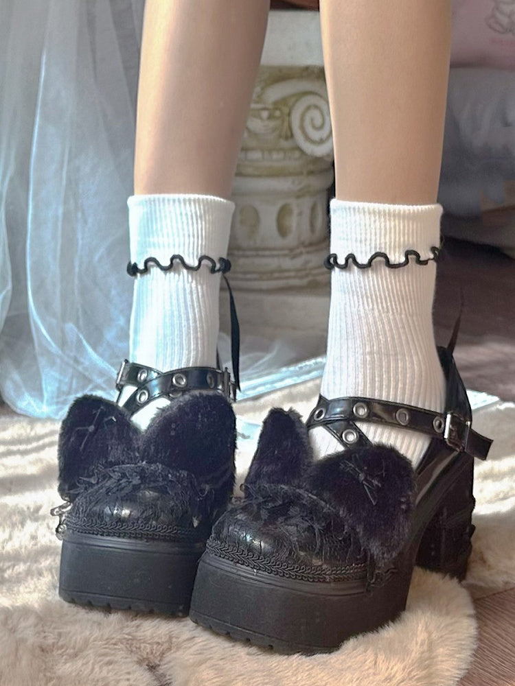 Black Plush Kitty Ear Lace Platform Mary Janes