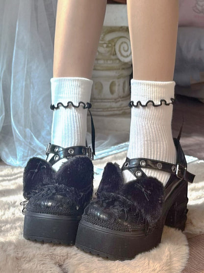 Black Plush Kitty Ear Lace Platform Mary Janes