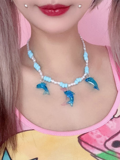 Blue Y2K Dolphin Pendant Beaded Necklace