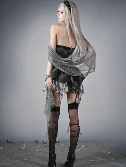 Y3K Fashion Futuristic Black Basque Waist Metal Chains Front Handkerchief Hem Cyberpunk Hooded Dress