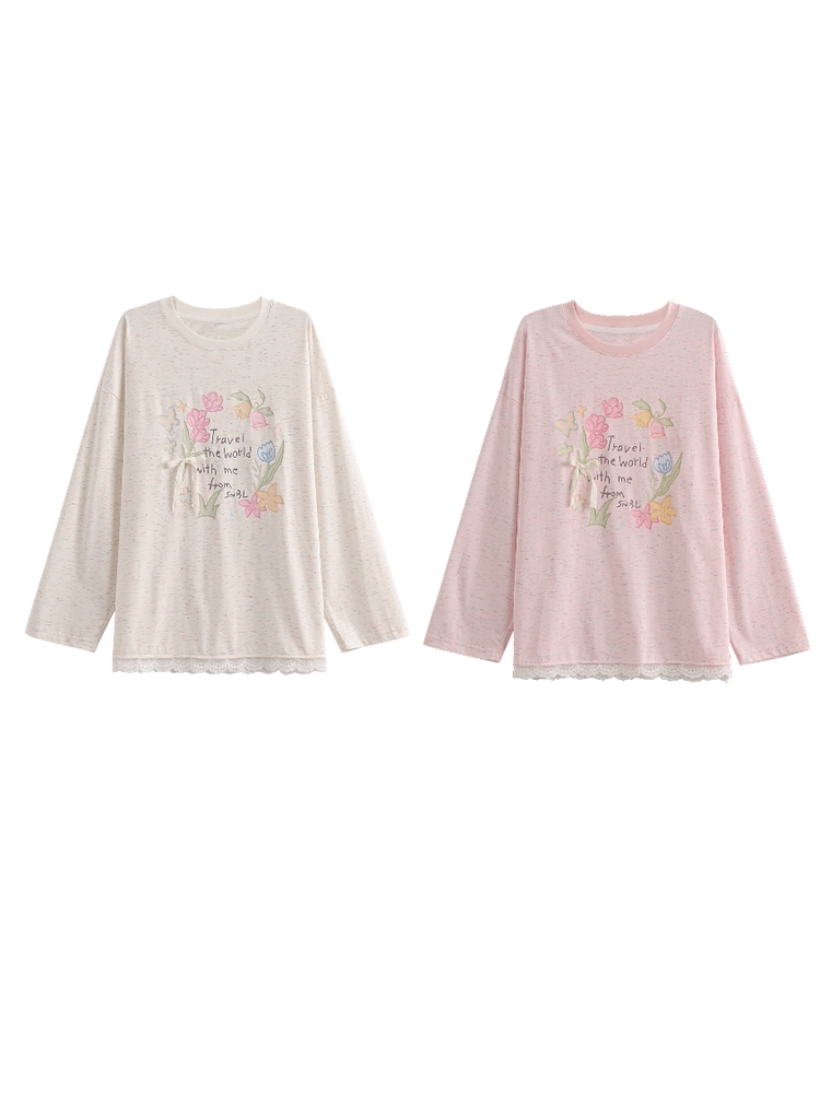 Sweet Floral Print Lace Trim Biege/Pink Round Neck Top