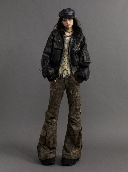 Dusty Grey Camo Low-waist Distressed Design Flared Cargo Pants