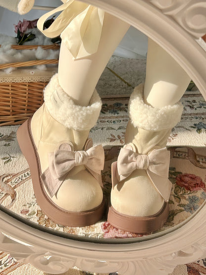 Beige Bunny Ear Design Bowknot Platform Winter Ugg Boots