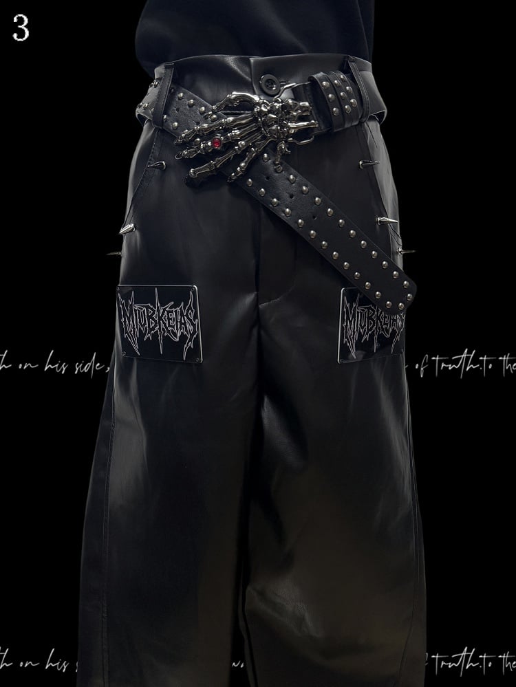 Black Punk Letter Applique Straight-leg Cut Pants