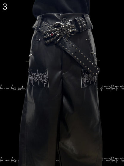 Black Punk Letter Applique Straight-leg Cut Pants