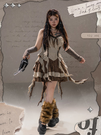 Plus Size Basque Waist Cascading Ruffles Distressed Holes Wasteland Punk Brown Cami Dress