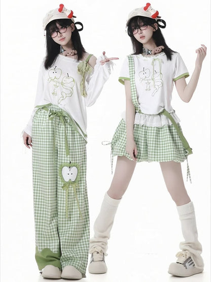 Green Apple Print Lettuce Hem Self-tie Bow Neckline White T-shirt