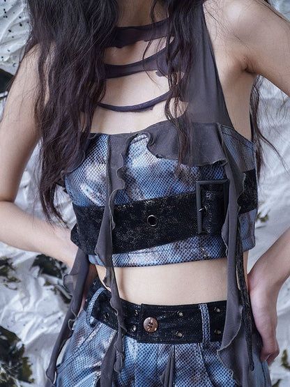 Wasteland Punk Distressed Holes Navy Blue PU Top Tassel Design