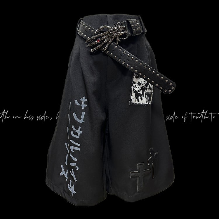 Punk Skeleton and Cross Appliques Black Wide-leg Shorts